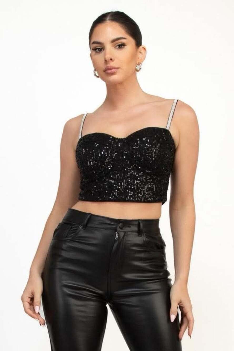 Black Sequin Bustier Cropped Top